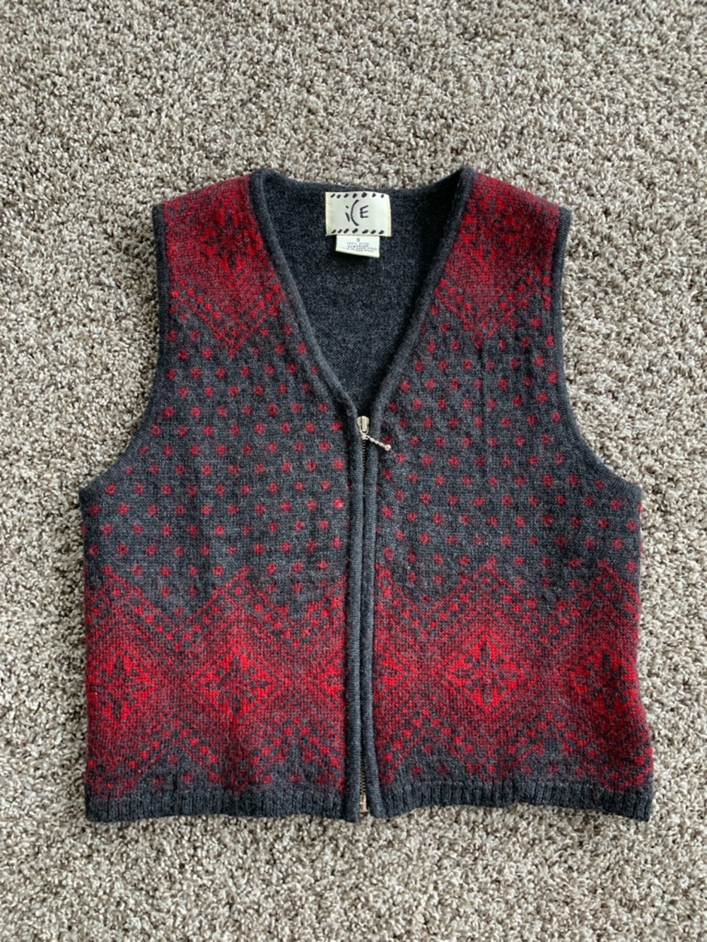 Vintage Charcoal Gray & Red Wool Zip Vest
